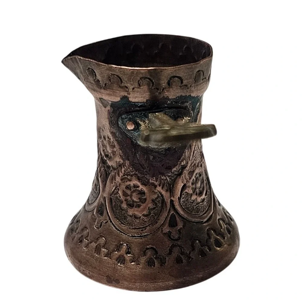 Vintage Small Copper Turkish Coffee Pot Engraved Floral Ibrik
